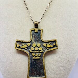 Vintage Terra Sancta Guild Black and Gold  Cross Pendant Necklace 24 inches long